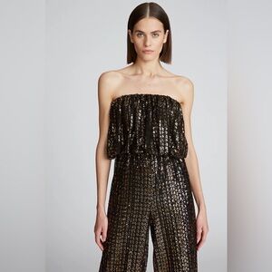 HALSTON “Kensley” black strapless blouson disco diva jumpsuit gold sequins 2